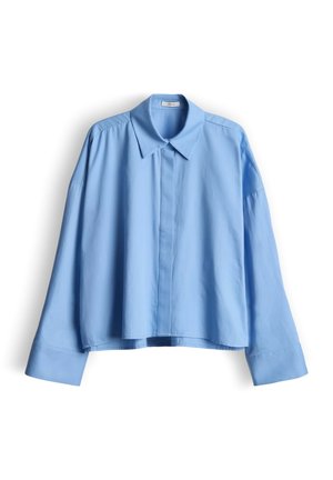 Lichtblauw overhemd met lange mouwen, gemaakt van een gladde stof, voorzien van een puntkraag, knoopsluiting aan de voorkant en een ontspannen pasvorm met licht uitlopende mouwen.