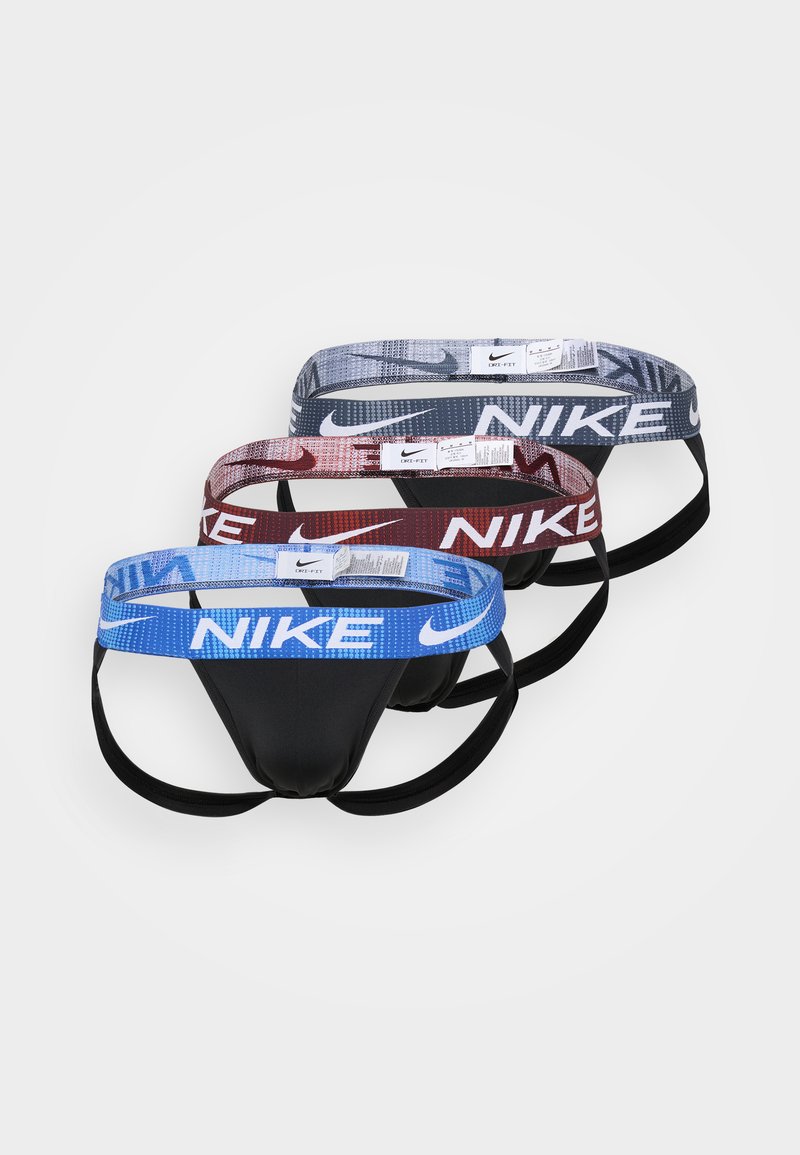 Három pár fekete Nike jockstrap, színes elasztikus derékpántokkal kék, piros és szürke színben, fehér Nike logóval.