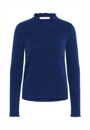 Suéter azul marino hecho de tela suave, con un cuello alto con borde ondulado, mangas largas y un ajuste ligeramente suelto con un dobladillo recto.