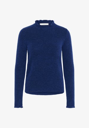 Meresinine kampsun, mis on valmistatud pehmest kangast, omab sakilist kõrget kaelust, pikki varrukaid ning veidi lõdvestatud lõiget sirge äärega.