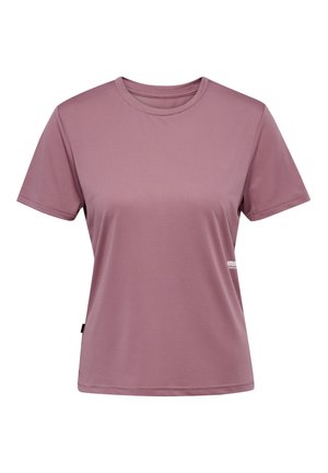 Kurze Ärmel Sportshirt in Mauve, aus glattem, leichtem Stoff mit Rundhalsausschnitt und dezenter Markenkennzeichnung auf der unteren Seite.