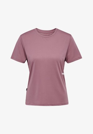 Koszulka sportowa z krótkim rękawem w kolorze mauve, wykonana z gładkiego, lekkiego materiału, z okrągłym dekoltem i subtelnym logo na dolnej stronie.