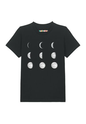 Schwarzes T-Shirt mit kurzen Ärmeln und neun weißen Mondphasen, die auf der Vorderseite in drei Reihen und drei Spalten angeordnet sind.