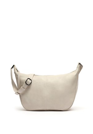 Borsa a tracolla in pelle beige con forma curvata, tracolla regolabile e cuciture dettagliate. Texture liscia con un design minimalista.