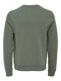 Felpa verde oliva semplice con maniche lunghe e polsini e orlo a coste, mostrata da dietro su sfondo bianco.