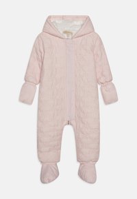 Rosa vatterad sn suits med huva, prydd med ett präglat 'MK'-mönster, elastiska ärmslut och fastsydda stövlar för värme. Fullständig dragkedja fram.