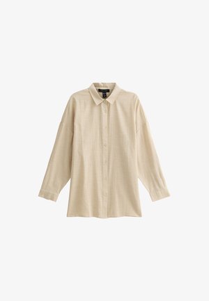 Beige Hemd mit Knopfverschluss, Kragen, langen Ärmeln und einem leichten, strukturierten Stoff. Verfügt über eine normale Passform und ein dezentes Karomuster.