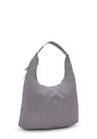 Borsa a spalla in tessuto grigio con forma arrotondata e superficie liscia. Caratterizzata da un'apertura con zip e un accento con logo circolare. Tracolla regolabile.