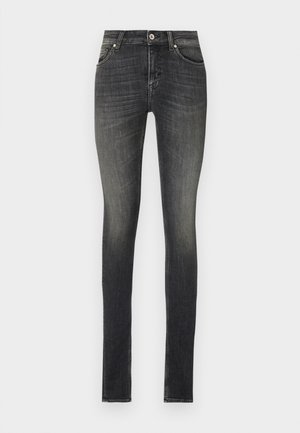 Jeans skinny em denim cinza escuro, com uma cintura de altura média, bolsos frontais e um leve desbotado para uma aparência texturizada.