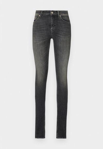 Skinny jeans in dark gray denim, featuring a mid-rise waist, front pockets, and subtle fading for a textured appearance.