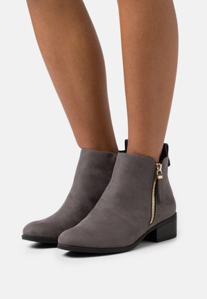 Šedé semišové kotníkové boty s bočním zipem a zlatými detaily, mají nízký blokový podpatek a hladký povrch.