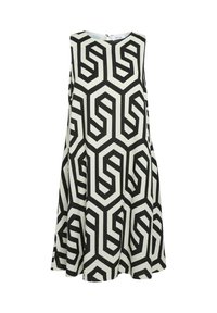 Mouwloze A-lijn jurk met zwart geometrisch doolhofpatroon op witte stof, voorzien van een ronde halslijn en knoopsluiting aan de achterkant.