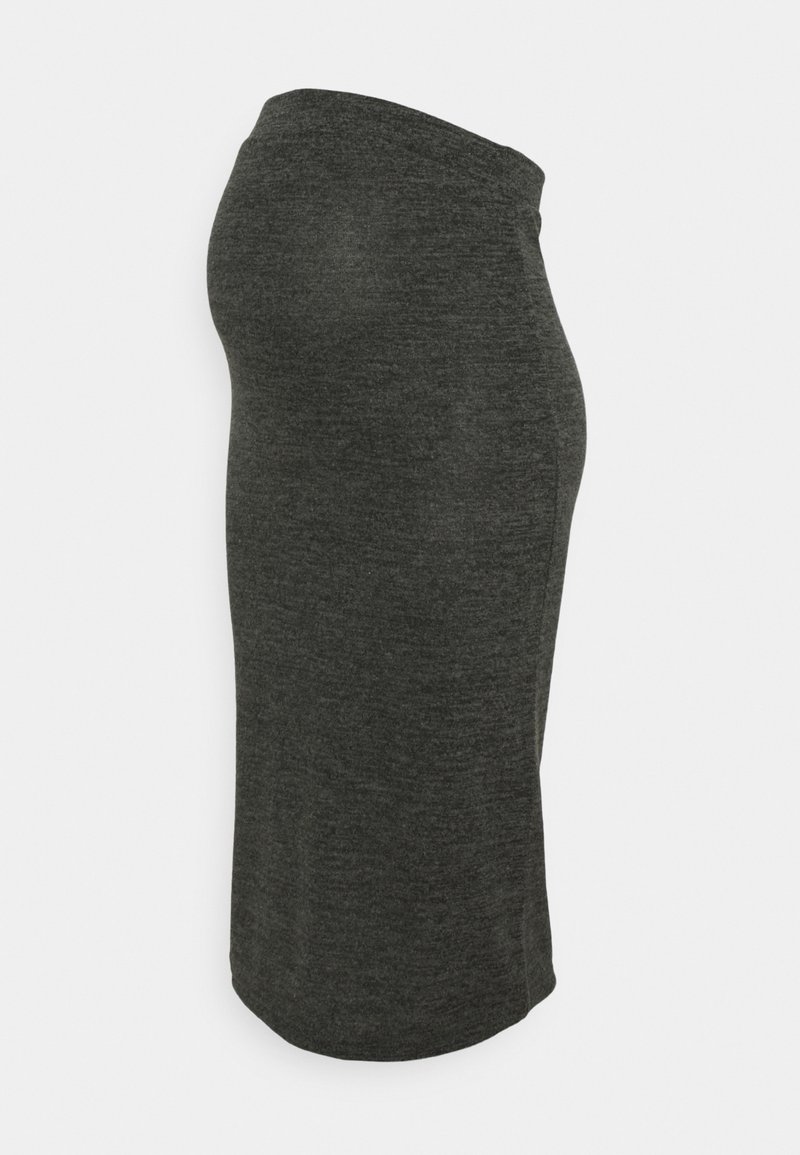 Jupe de maternité gris foncé, longueur genou, avec une ceinture extensible, vue de profil sur fond uni.