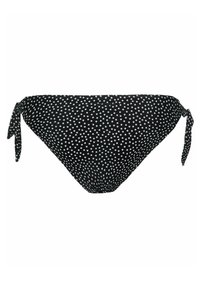 Parte inferiore di bikini nera con pois bianchi, dotata di un design con lacci laterali. Texture liscia e forma triangolare classica.