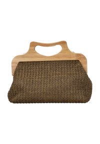 Sac tissé marron avec une poignée en bois, présentant un design angulaire et une surface texturée. Le matériau est durable et la forme est spacieuse.