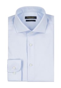 Lichtblauwe langemouwshirt met een klassieke kraag, knoopsluiting aan de voorkant en manchetten met één knoop. Gemaakt van gladde stof zonder zichtbare patronen.