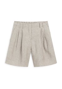 Beżowe lniane szorty z subtelnymi pionowymi paskami, plisami z przodu, szlufkami na pasek i elastyczną talią z tyłu.