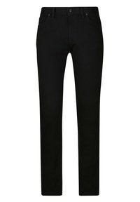 Schwarze Denim-Jeans im Slim-Fit-Schnitt, mit Fünf-Pocket-Design, Gürtelschlaufen und subtiler Textur. Sie verfügen über einen Frontknopf und einen Reißverschluss.