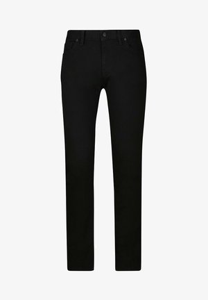 Black denim jeans with a slim fit, five-pocket design, belt loops, and a subtle texture. Features a front button and zipper closure.