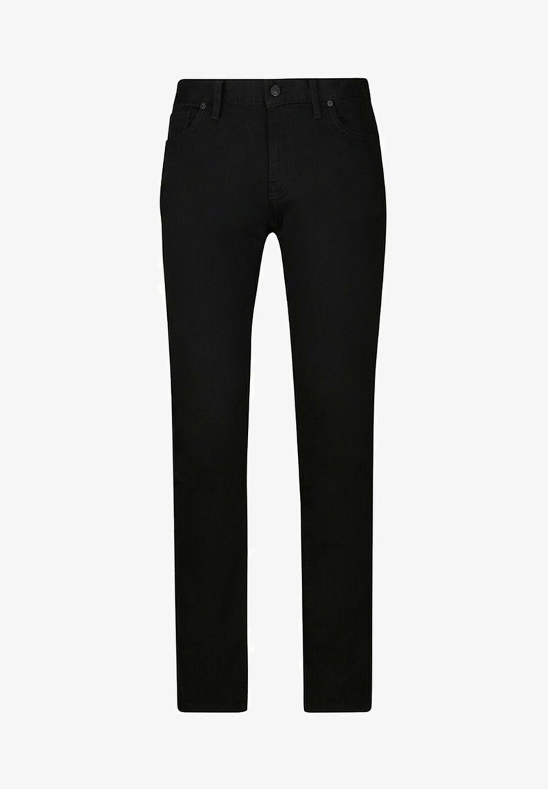 Schwarze Denim-Jeans im Slim-Fit-Schnitt, mit Fünf-Pocket-Design, Gürtelschlaufen und subtiler Textur. Sie verfügen über einen Frontknopf und einen Reißverschluss.