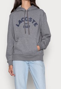 Felpa grigia con tasca a canguro, cappuccio con stringhe e logo stampato blu navy. Presenta polsini e orlo a costine. Abbinata a jeans azzurri chiari.