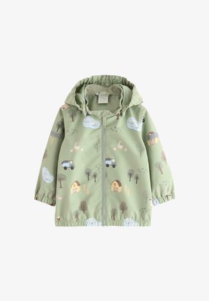 Lysegrøn regnjakke med lynlås, justerbar hætte og illustrationer af skyer, træer, køretøjer og huse.