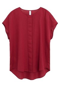 Haut en lin rouge avec un col rond, des manches courtes et un ourlet légèrement incurvé. Présente une couture centrale verticale sur le devant.