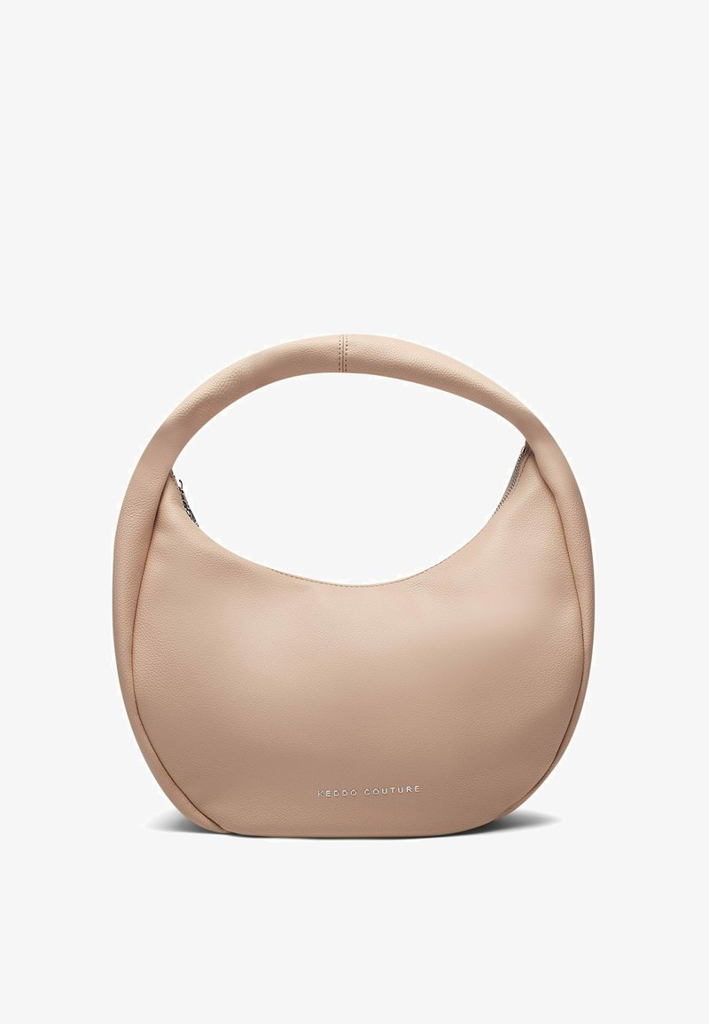 Borsa a spalla in pelle pesca con forma arrotondata, manico spesso e zip argento. Presenta un logo impresso sul fronte. Texture liscia.