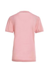 Haut en maille rose clair à manches courtes avec col, poignets et ourlet côtelés, montré de dos sur fond blanc.