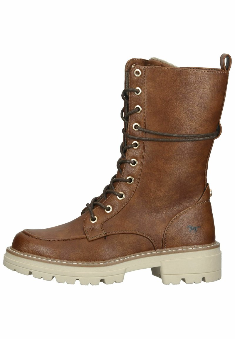 Bottines en cuir marron à lacets avec une finition texturée, semelle en caoutchouc de couleur crème et œillets en métal. Comprend une doublure douce et une sangle de tirage.