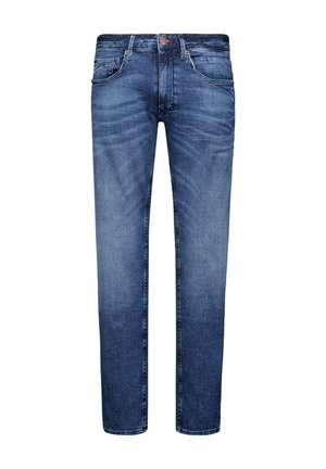 Donkerblauwe denim jeans met een rechte pasvorm. Kenmerken zijn onder andere voorzakken, riemlussen en een enkele knoopsluiting. Soepele textuur.