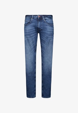 Donkerblauwe denim jeans met een rechte pasvorm. Kenmerken zijn onder andere voorzakken, riemlussen en een enkele knoopsluiting. Soepele textuur.