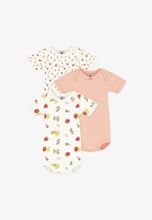 Trys trumpomis rankovėmis kūdikių smėlinukai: vienas baltas su vaisių raštais, vienas baltas su spalvotais raštais ir vienas vienspalvis persikinis su kaspinėliu.