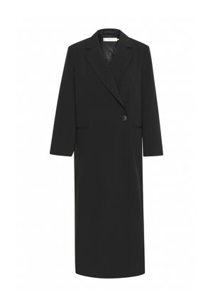 Juodas ilgas švarkas, pagamintas iš lygaus audinio, su atvartais, vienu mygtuko uždarymu ir dviem šoniniais kišenėmis. Tiesios formos rankovės ir apatinė dalis.