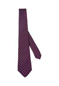 Bordeaux stropdas met een geometrisch blauw diamanten patroon, gemaakt van zijde, met een smal, puntig uiteinde en een gladde textuur.