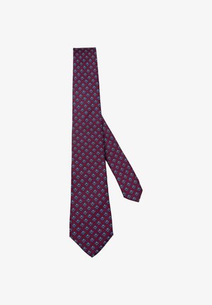 Bordeaux stropdas met een geometrisch blauw diamanten patroon, gemaakt van zijde, met een smal, puntig uiteinde en een gladde textuur.