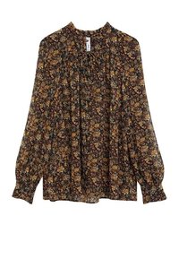 Blouse à manches longues avec un fond sombre et un motif floral complexe en tons marron, jaune et rose, dotée d'un col froncé avec un lien.
