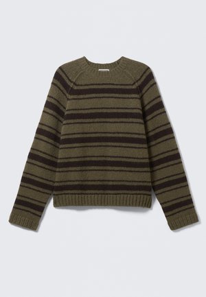 Olive green and dark brown striped sweater made of textured knit material; features a round neckline and ribbed cuffs and hem.
