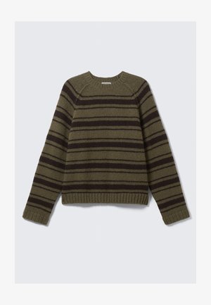 Olive green and dark brown striped sweater made of textured knit material; features a round neckline and ribbed cuffs and hem.