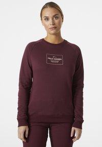 Sudadera burdeos de manga larga y cuello redondo. Presenta un parche central con un logo en texto blanco y beige. Mezcla de algodón con una textura suave.