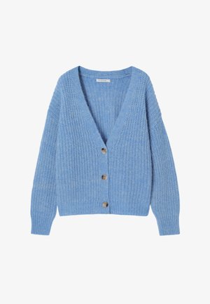 Light blue knitted cardigan with long sleeves, V-neck, and three large buttons down the front, laid flat on a white background.
