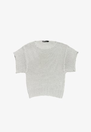 Pull en tricot gris clair au design ample et boxy, avec des manches courtes et un ourlet à côtes. Présente une texture en tissage ouvert et un col rond.