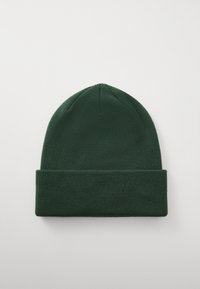 Dark green knitted beanie hat with a folded brim, displayed flat on a light gray background.