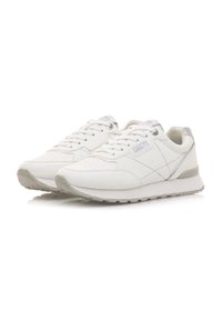 Weiße Sportsneaker aus Leder mit glatter Oberfläche. Mit grauen Akzenten, Schnürdesign und einer strapazierfähigen Gummisohle.
