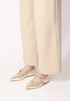 Metallic gouden flats met een puntige neus en een decoratieve band met een grote ronde gesp. De schoenen hebben een gladde, glanzende textuur.