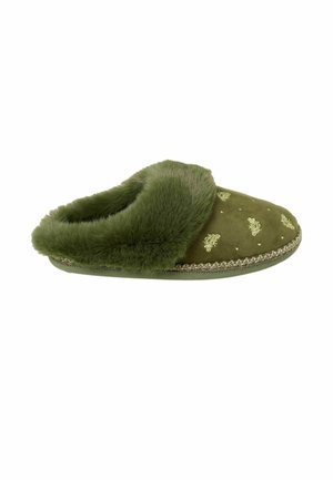 Soft green slip-on slipper with plush fur lining and embroidered bee patterns on the upper fabric.