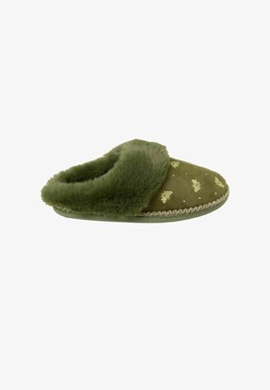 Blød grøn slip-on hjemmesko med blødt pelsfor og broderede bi-mønstre på det øverste stof.
