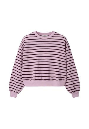 Sweat-shirt court rose clair avec des rayures horizontales noires, manches longues bouffantes, poignets et ourlet côtelés.