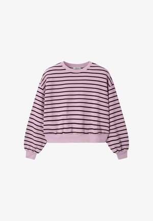 Hellrosa gekürztes Sweatshirt mit schwarzen horizontalen Streifen, langen Puffärmeln sowie gerippten Bündchen und Saum.