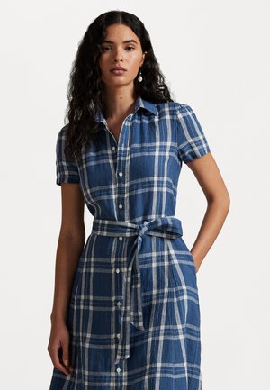 Belted Striped Linen Shirtdress - Paitamekko - dark blue/white